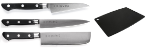 SET DE 3 COUTEAUX JAPONAIS TOJIRO DP SERIE ET PLANCHE "FORME VÉGAN"