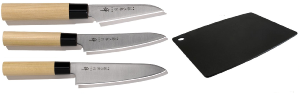 SET DE 3 COUTEAUX JAPONAIS TOJIRO ZEN ET PLANCHE "FORME EUROPÉENNE"