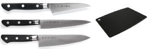 SET DE 3 COUTEAUX JAPONAIS TOJIRO DP SERIE ET PLANCHE "FORME EUROPÉENNE"
