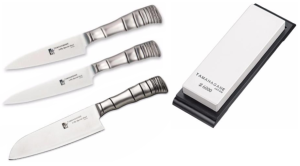 SET 3 COUTEAUX JAPONAIS TAMAHAGANE GAMME BAMBOO 3PLY "FORME JAPONAISE" ET PIERRE