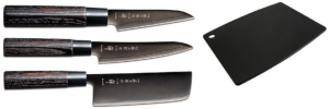 SET DE 3 COUTEAUX JAPONAIS TOJIRO ZEN BLACK "FORME VÉGAN" ET PLANCHE