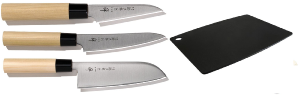 SET DE 3 COUTEAUX JAPONAIS TOJIRO ZEN ET PLANCHE "FORME JAPONAISE"