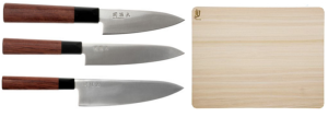 SET DE 3 COUTEAUX JAPONAIS KAI SEKI MAGOROKU "FORME EUROPÉENNE" ET PLANCHE