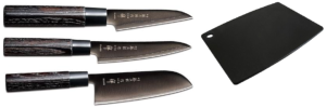 SET DE 3 COUTEAUX JAPONAIS TOJIRO ZEN BLACK "FORME JAPONAISE" ET PLANCHE
