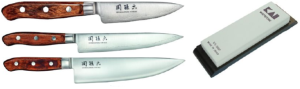 SET DE 3 COUTEAUX JAPONAIS KAI SEKI MAGOROKU VINTAGE "FORME EUROPÉENNE" ET PIERRE