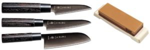 SET DE 3 COUTEAUX JAPONAIS TOJIRO ZEN BLACK "FORME JAPONAISE" ET PIERRE
