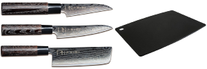 SET DE 3 COUTEAUX JAPONAIS TOJIRO SHIPPU BLACK "FORME VÉGAN" ET PLANCHE