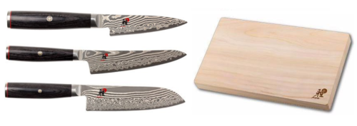Set de 3 couteaux japonais Miyabi 5000FCD forme japonaise + planche à découper Miyabi