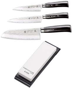 Set de 3 couteaux de cuisine Japonais Tamahagane Hammered" Forme Japonaise " et pierre