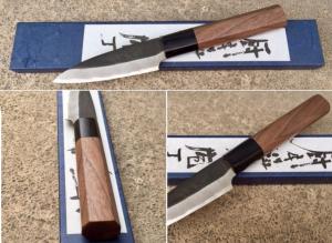 Couteau japonais artisanal Kamo finition "brut de forge" Petty 90 mm