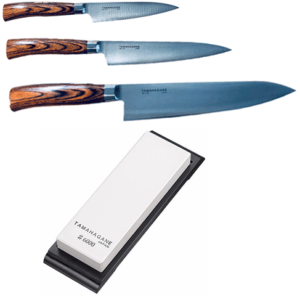 Set de 3 couteaux japonais Tamahagane San - forme européenne + pierre à aiguiser Tamahagane