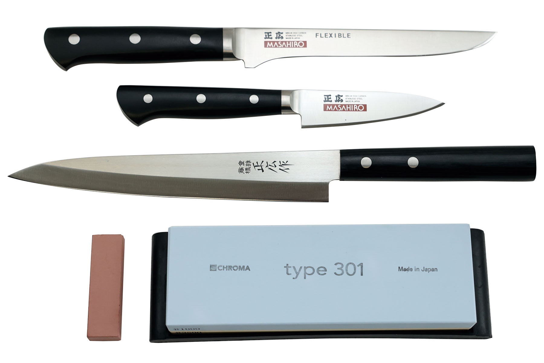 Set de 3 couteaux japonais Masahiro pour poisson + pierre à aiguiser - gaucher