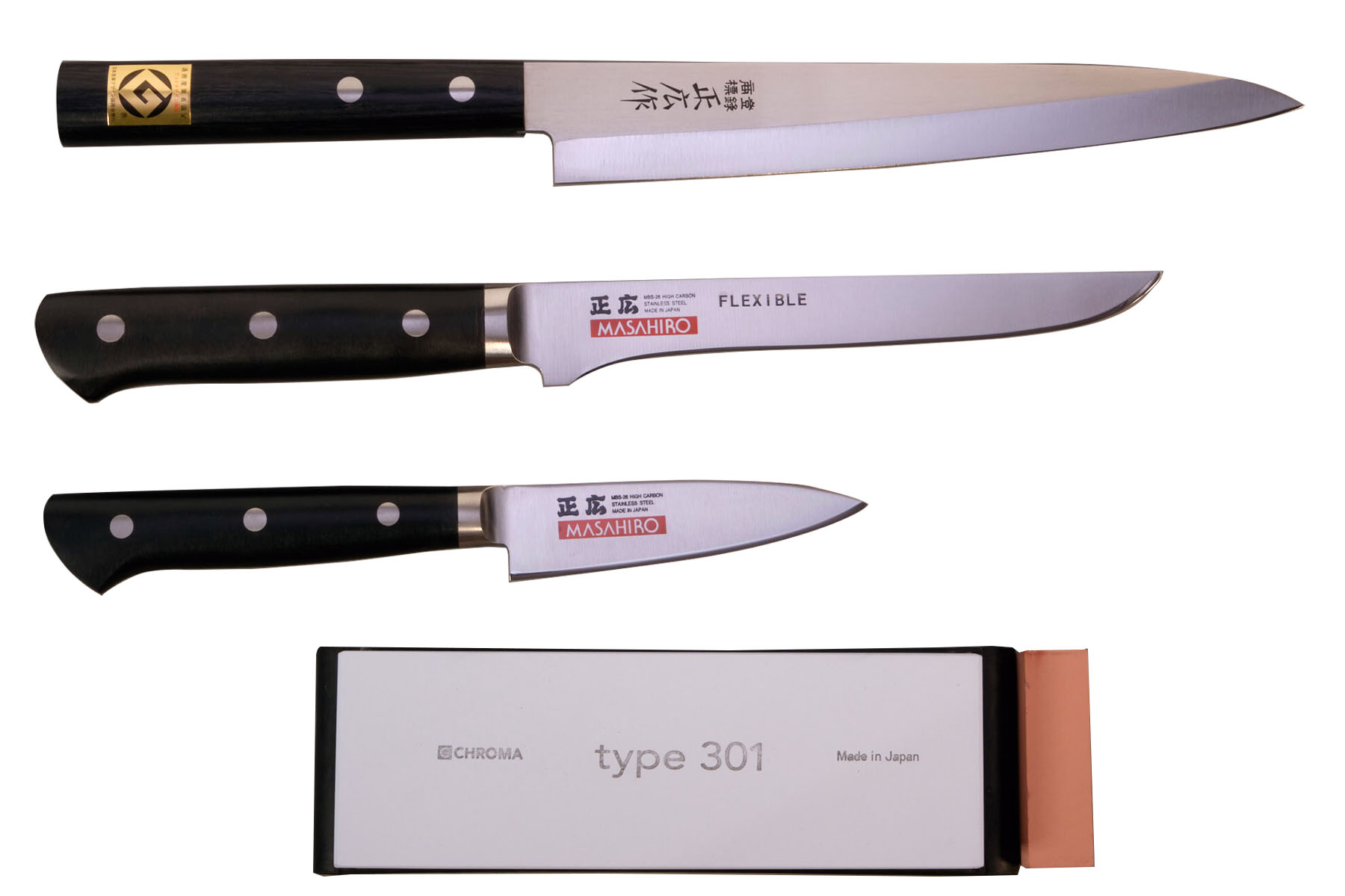 Set de 3 couteaux japonais Masahiro pour poisson + pierre à aiguiser - droitier