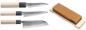 Set de 3 couteaux Tojiro Shippu Damas "forme japonaise" + pierre à aiguiser Tojiro