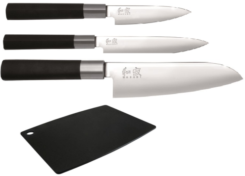 SET DE 3 COUTEAUX JAPONAIS KAI WASABI BLACK "FORME JAPONAISE" ET PLANCHE