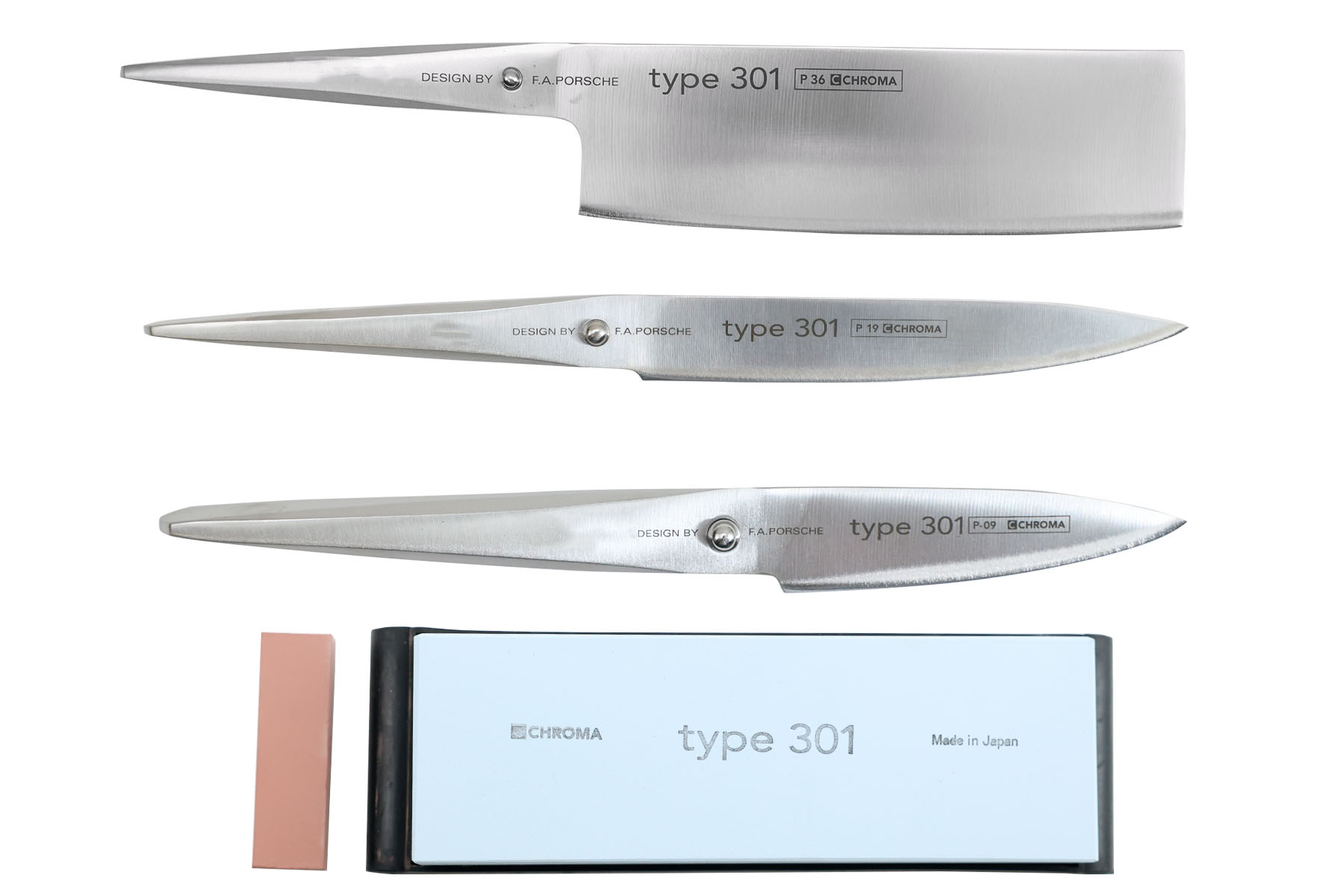 Set de 3 couteaux japonais Type 301 design by F.A. Porsche - Forme vegan + pierre à aiguiser Chroma