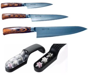Set de 3 couteaux de cuisine japonais Tamahagane  gamme San "forme européenne" et affûteur