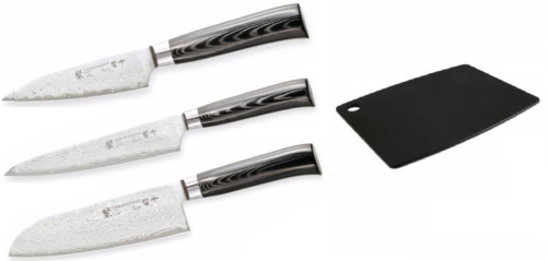Set de 3 couteaux de cuisine Japonais Tamahagane Kyoto "Forme Japonaise" et  planche